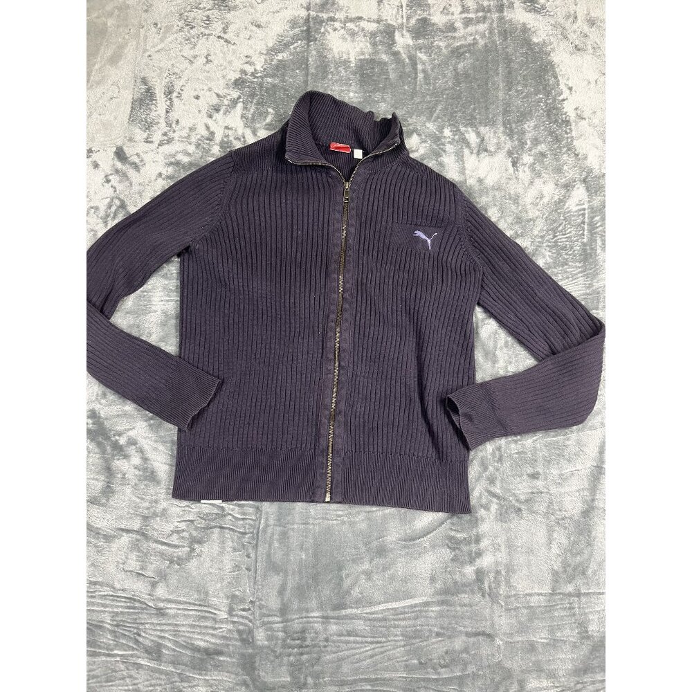 Puma Mens Ribbed Knit Full-Zip Sweater Jacket Navy Blue Medium